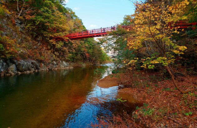 Scenery of the red Futami suspension bridge over Toyohira River