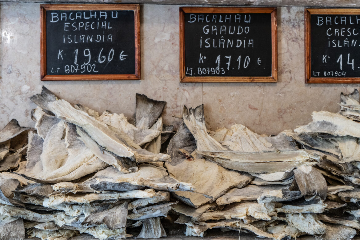 Salted and dried cod being sold at local grocery shop